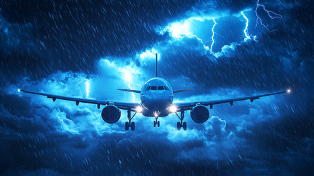 Lightning struck during a heavy rainfall behind a flying plane. 3D rendering, 3D illustration. Aircraft.の写真素材