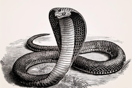Cobras are highly venomous snakes from the family Elapidae, vintage line drawing or engraving illustration. Snakes.の写真素材