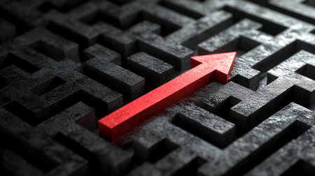Black labyrinth and red solution line, difficult way to find a way out, business concept. illustration. Business.の写真素材