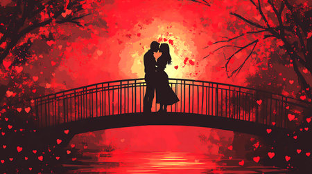 Couple hugging and kissing on a bridge connecting two coasts, concept art, illustration. Love.の写真素材