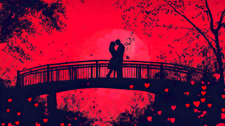 Couple hugging and kissing on a bridge connecting two coasts, concept art, illustration. Love.の写真素材