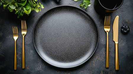 Empty gray plate on a dark background with a knife and fork. Kitchen utensils.
