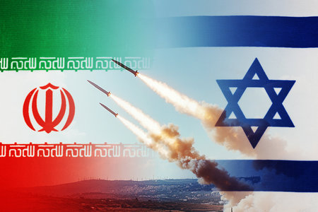 Conflict between Iran and Israel, with symbols of war such as flames, missiles and fire. Israel's war with Iran.の写真素材