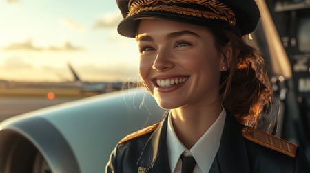 Photo of a smiling young female pilot with an airplane in the background. Aviation.の素材