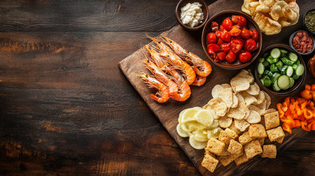 Wooden plate with seafood, vegetables and seasonings on a dark background. Seafood.の写真素材