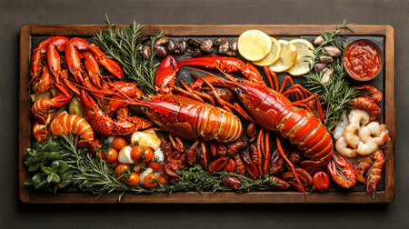 Large lobsters, crayfish and seafood on a wooden board on a dark background.の写真素材