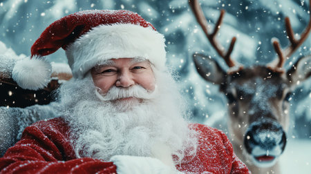 Christmas Santa Claus with a real beard in the northern forest in winter among snow-covered spruce and pine trees with deer, in the wild. Festive image for advertising design of banners, cards or calendars. Christmas.の写真素材