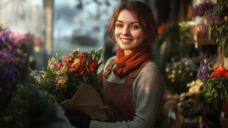 A woman florist holds a collected bouquet of flowers in a flower shop. Florist.の素材