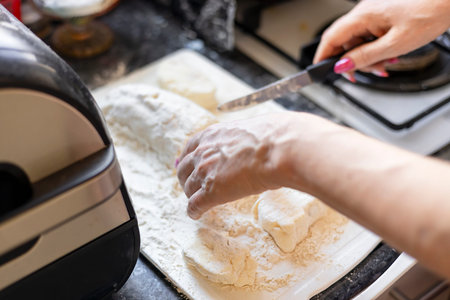 Woman making food. View from above, close-up.