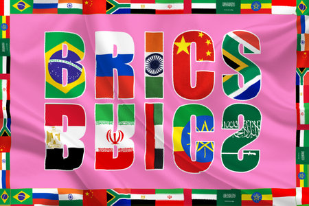 BRICS countries. National flags, icons set. images of flags of Brazil, Russia, South Africa, India, China, Egypt, Iran, UAE, Ethiopia Saudi Arabia and Indonesia BRICSの写真素材