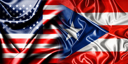 The national flags of the United States and Puerto Rico merge into one and are placed side by side...