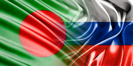 The national flags of Russia and Bangladesh are combined into one and placed side by side on a fluttering cotton background.の写真素材