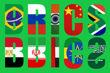 BRICS countries. National flags, icons set. images of flags of Brazil, Russia, South Africa, India, China, Egypt, Iran, UAE, Ethiopia Saudi Arabia and Indonesia BRICSの写真素材