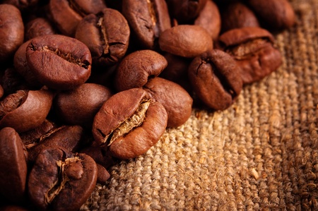 Coffee beans in canvas sack の写真素材