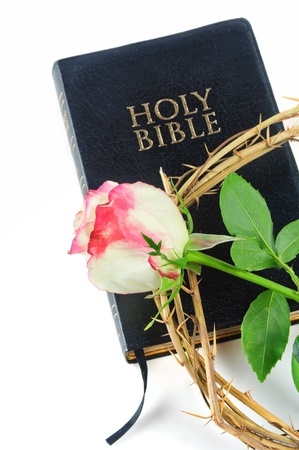 holy bible and crown of thorns with  roseの写真素材