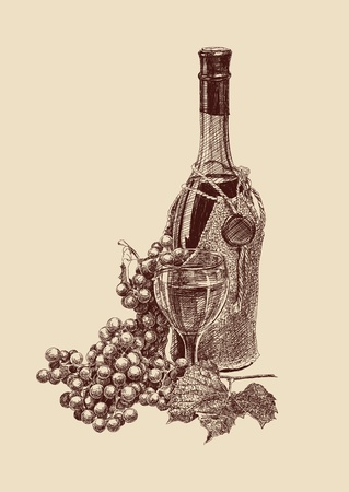 grapes with a bottle of wine and glassのイラスト素材