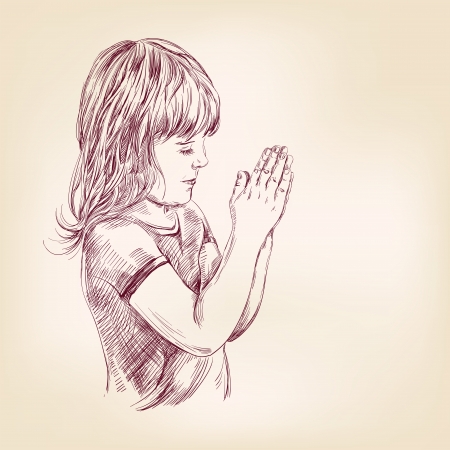little girl praying hand drawn vector llustrationのイラスト素材