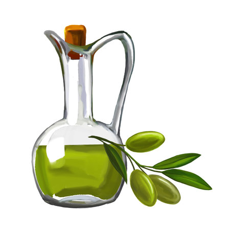 olive oil with olives vector illustration  hand drawn  painted watercolorのイラスト素材
