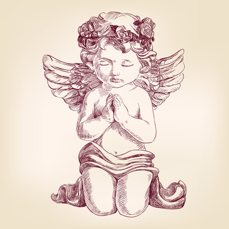 angel prays on his knees hand drawn vector llustration  realistic  sketchのイラスト素材