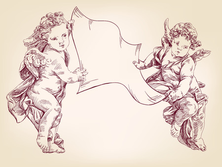 angels or cupid are holding a blank sheet of messages isolated hand drawn vector llustration realistic sketchのイラスト素材