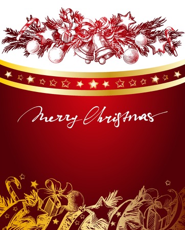 Christmas red and gold background with fir twigs and balls hand drawn vector llustration realistic sketchのイラスト素材