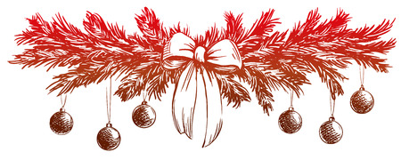 Christmas background with fir twigs and balls hand drawn vector llustration realistic sketchのイラスト素材