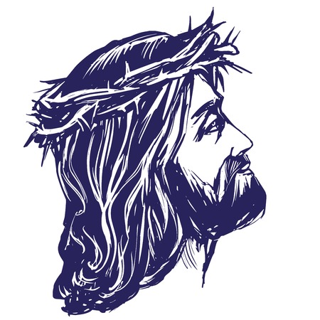 Jesus Christ, the Son of God in a crown of thorns on his head, a symbol of Christianity hand drawn vector illustration realistic sketchのイラスト素材