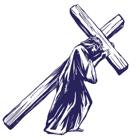 Jesus Christ, Son of God carries the cross before the crucifixion, symbol of Christianity hand drawn vector illustration sketchのイラスト素材