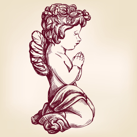 angel prays on his knees religious symbol of Christianity hand drawn vector illustration sketchのイラスト素材