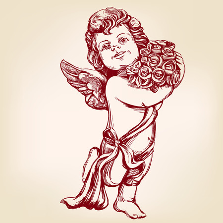 Angel or cupid, little baby holds a bouquet of flowers, greeting card hand drawn vector illustration realistic sketchのイラスト素材