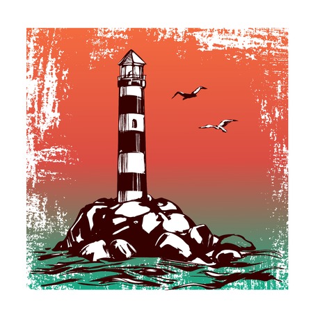 Lighthouse and sea landscape hand drawn vector illustration sketch.のイラスト素材