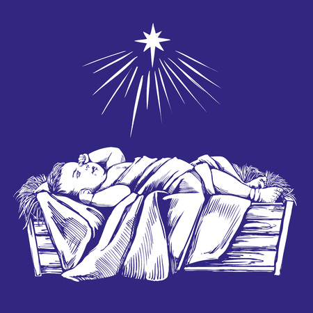 Christmas story. Christmas night , baby Jesus in the manger, Son of God , symbol of Christianity hand drawn vector illustration.のイラスト素材