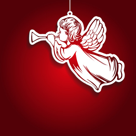 angel flies and plays the trumpet , decoration, toy, religious symbol of Christianity hand drawn vector illustration sketchのイラスト素材