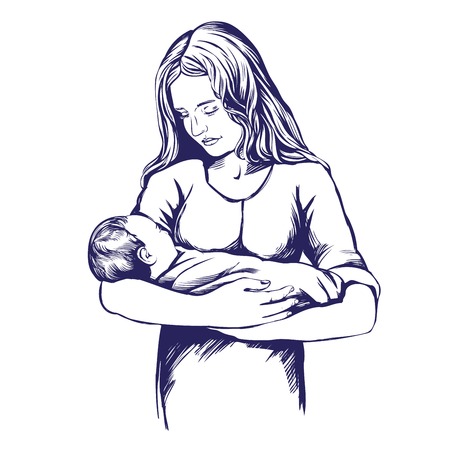 Mother holding a baby hand drawn vector illustration realistic sketch.のイラスト素材