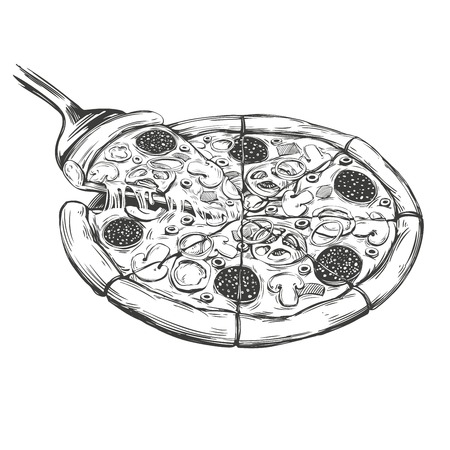 Italian pizza, Pizza design template hand drawn vector illustration realistic sketchのイラスト素材