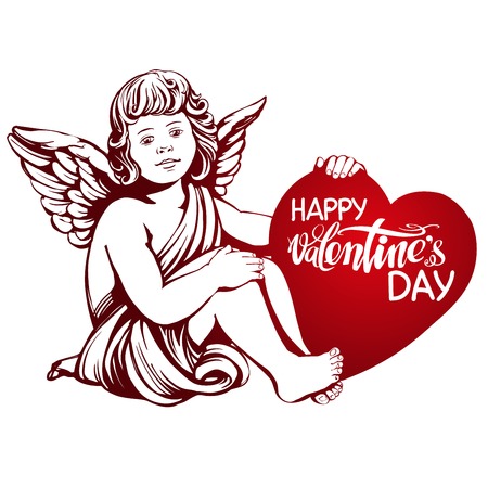 angel or cupid, little baby holds a heart, Valentines day, love, greeting card hand drawn vector illustration realistic sketchのイラスト素材