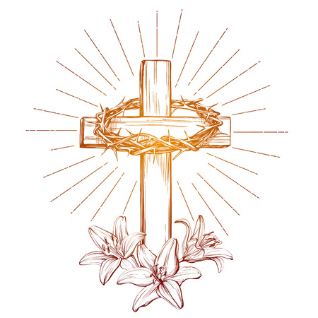 crown of thorns, wooden cross and floral blooming lilies, Easter. Symbol of Christianity, hand drawn vector illustration, sketch.のイラスト素材