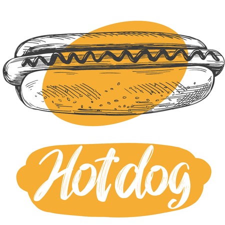 hot dog fast food,hand drawn vector illustration realistic sketch, retro styleのイラスト素材