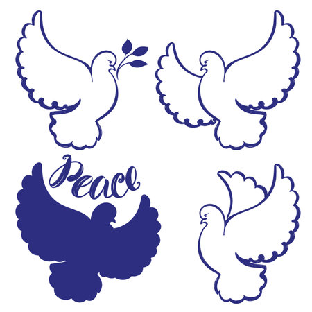 Abstract flying dove sketch set icon collection cartoon hand drawn vector illustration.のイラスト素材