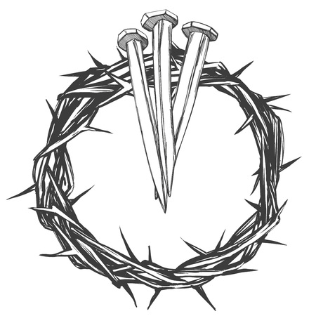 Crown with thorns and nails religious symbol hand drawn vector illustration sketchのイラスト素材