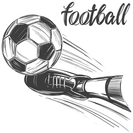 football, soccer ball, sports game, calligraphic text, emblem sign, hand drawn vector illustration sketchのイラスト素材