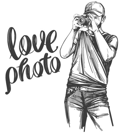 Photographer , love photo, calligraphy text hand drawn vector illustration realistic sketchのイラスト素材