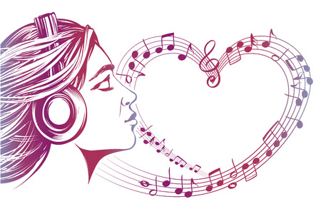 musical notes in the form of a heart icon, love music, calligraphy text hand drawn vector illustration sketch.のイラスト素材
