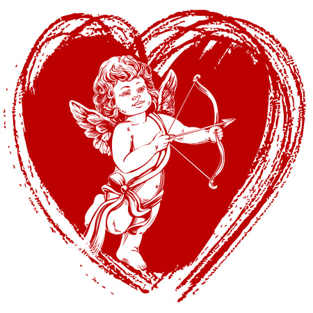angel , little baby. Cupid shoots a bow with an arrow, Valentine s day, greeting card hand drawn vector illustration realistic sketch.のイラスト素材