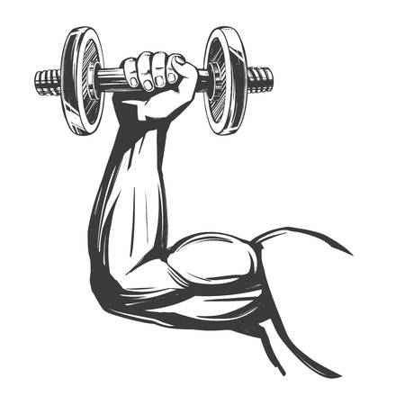 arm, bicep, strong hand holding a dumbbell, icon cartoon hand drawn vector illustration sketch.のイラスト素材