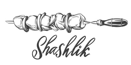 kebab, shashlik, grilled on a skewer, food meat, calligraphic text hand drawn vector illustration realistic sketchのイラスト素材