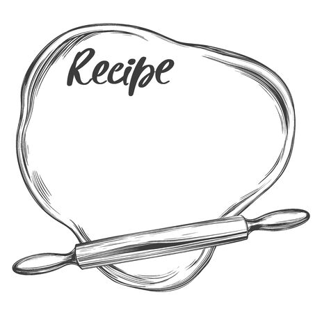 Rolled dough and rolling pin top view, background for text isolated on white background hand drawn vector illustration realistic sketchのイラスト素材