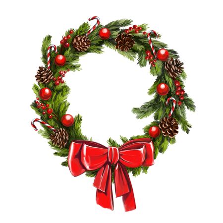 christmas wreath, Decorative Christmas ornament, art illustration painted with watercolors isolated on white backgroundの写真素材
