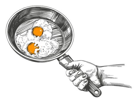 fried eggs are cooked in a pan hold in hand, cooking, kitchen, hand drawn vector illustration realistic sketchのイラスト素材