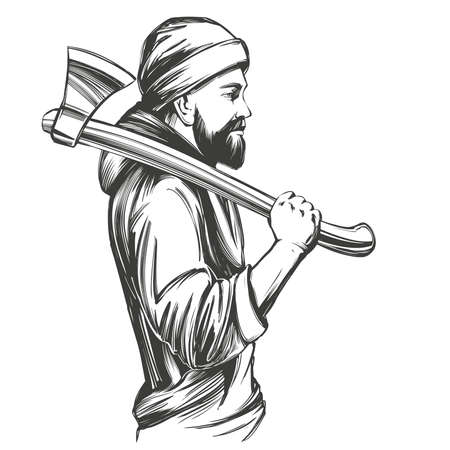 A bearded man in a hoodie holds an axe on his shoulder hand drawn vector illustration sketchのイラスト素材